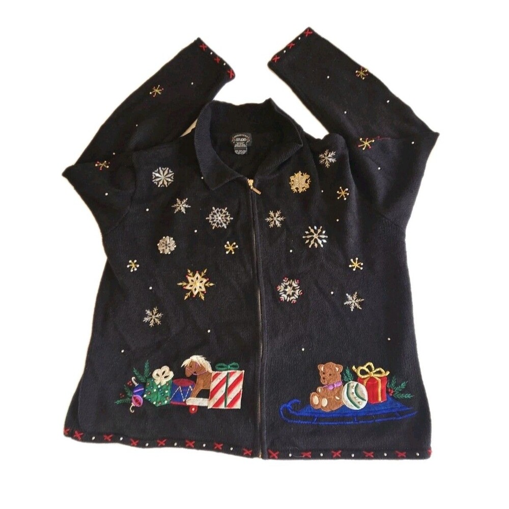 Designer Studios Black Christmas Sweater Santa Embroidery & Beaded Detail XL